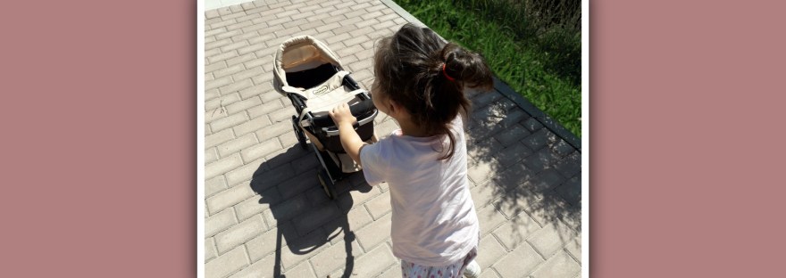 imagen niña sindrome down paseando con carrito de juguete