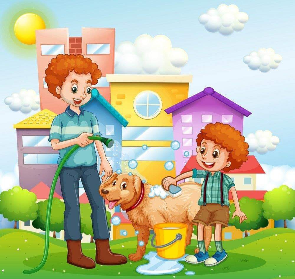 imagen de padre e hijo lavando al perro para contestar quien, que, como, de quien o con que